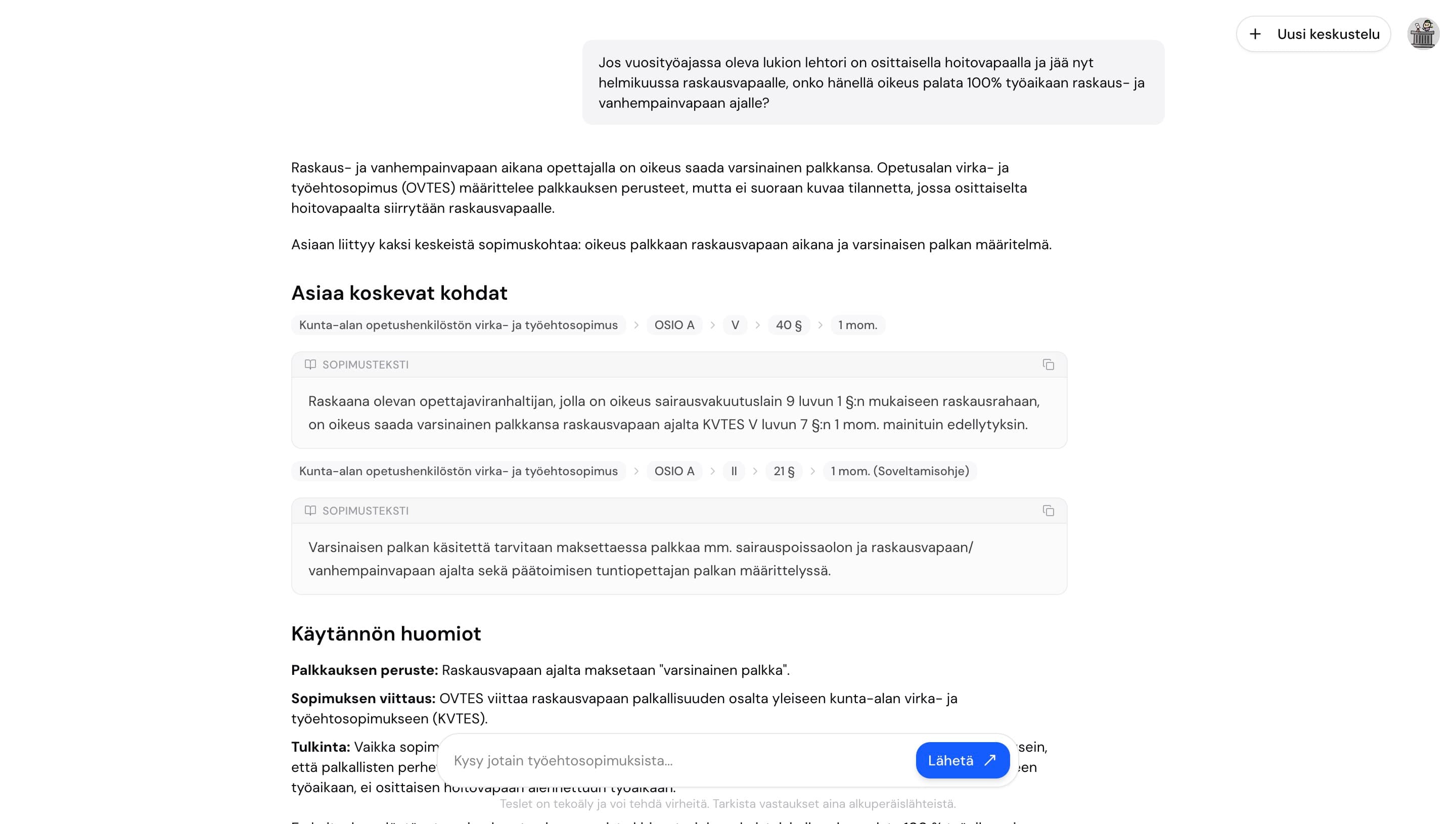 Teslet työehtosopimushaku — tuotteen käyttöliittymä
